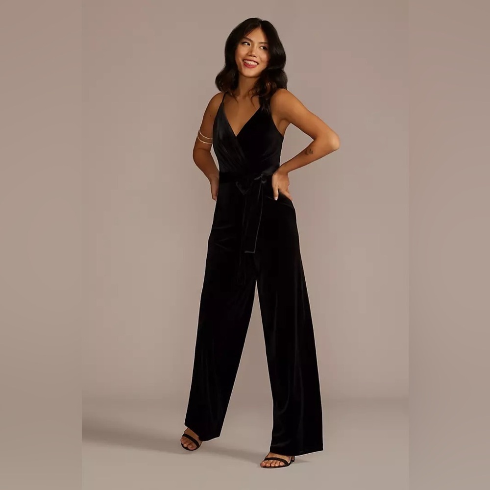 David’s Bridal V-Neck Velvet Jumpsuit with Tie Waist NWT